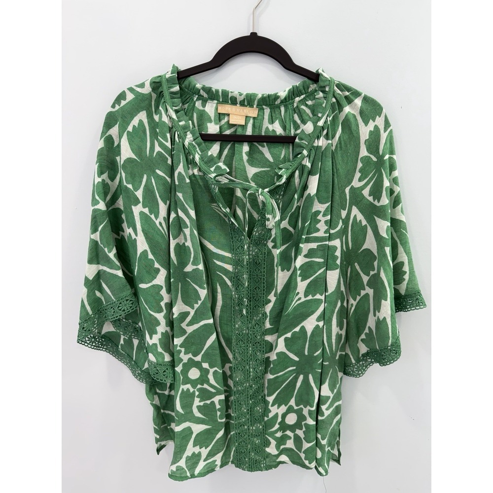 Hope & Harlow Green Floral Peasant Blouse Large Lace Trim Boho Tie Neck Top